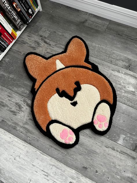 Introducing our handmade Corgi Butt floor rugs featuring a no-slip backing! These adorable rugs are the perfect addition to any home décor, adding warmth, comfort, and style to your living space. Crafted with care and attention to detail, our rugs are made using high-quality materials that are both durable and soft underfoot. The tufted design creates a plush, luxurious texture that feels great to walk on and adds a cozy, welcoming touch to any room. Measuring 16.5 inches by 22 inches (41.91 cm by 55.88 cm), this rug is the ideal size for placing in front of a door, bed, or fireplace, or using as a focal point in your living room or bedroom. The classic color scheme makes it easy to blend seamlessly with your existing décor, while the unique design adds a touch of fun and personality. Whet Girly Tufted Rug, Rug Tufting Workshop, Easy Tufted Rug Design, Cute Tufted Rug, Cute Rug Tufting Ideas, Easy Tufting Ideas, Rug Tufting Ideas Easy, Tufting Workshop, Cute Rugs