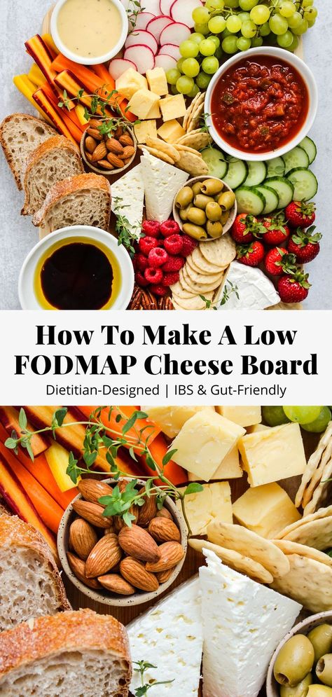 Did you know that many cheese are low FODMAP? Learn how to make a gut-friendly Low FODMAP Cheese Board to serve at your next party! Low Fodmap Charcuterie Board, Low Fodmap Treats, Low Fodmap Party Food, Low Fodmap Cheese, Low Fodmap Dinner, Gut Friendly Recipes, Low Fodmap Appetizers, Fodmap Meals, Low Fodmap Vegetables