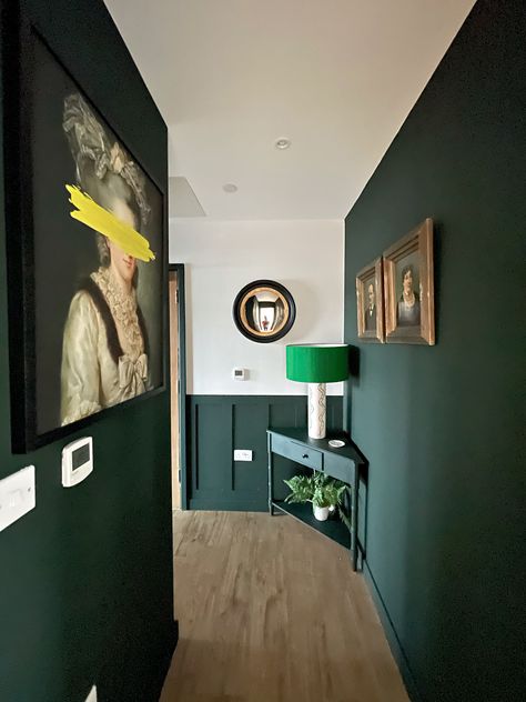 Dark Green Hallway Ideas Entrance Halls, Small Dark Green Office, Green Paint Hallway Ideas, Dark Corridor Ideas, Dark Green Entrance Hall, Dark Green Stairs, Emerald Green Hallway, Dado Rail Bedroom, Dark Green Hallway