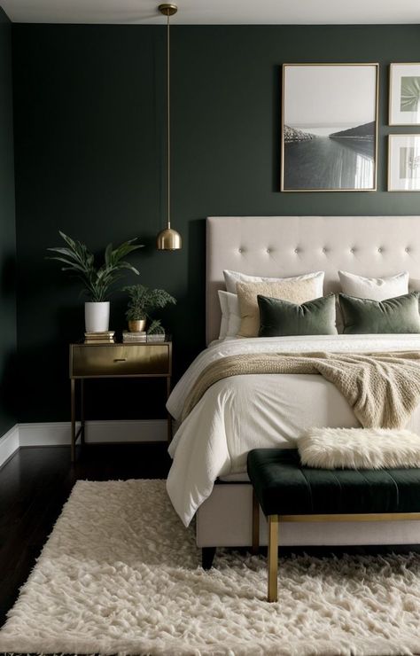 Forest Green Bedrooms, Dark Green Rooms, Green Bedroom Walls, Green Bedroom Decor, Green Accent Walls, Dark Green Walls, Gold Bedroom, Green Walls, Green Rooms