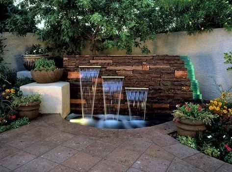 https://foter.com/outdoor-corner-fountains Wall Fountains Backyard, Water Falls Backyard, Front Yard Fountain, Modern Backyard Design, Water Fountain Design, Taman Air, Water Feature Wall, Air Mancur, Outdoor Water Features