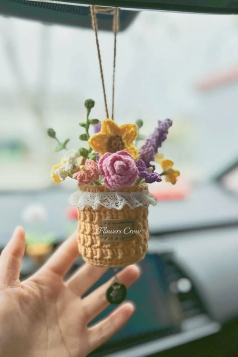 mini flower basket for car decor Crochet Flowers Basket, Mini Crochet Flowers, Crochet Flower Basket, Flower Basket Crochet, Crochet Mini Bouquet, Crochet Plants For Car, Crochet Flower Car Hanging Free Pattern, Crochet Mini Flower Basket, Crochet Flower Car Hanging