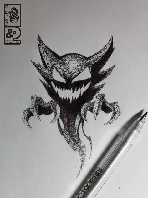 Dotwork sketch Haunter Pokemon Drawing, Haunter Pokemon Art, Haunter Tattoo, Gengar Tattoo, Haunter Pokemon, Pikachu Tattoo, Sketch Style Tattoos, Black Art Tattoo, Dotted Drawings