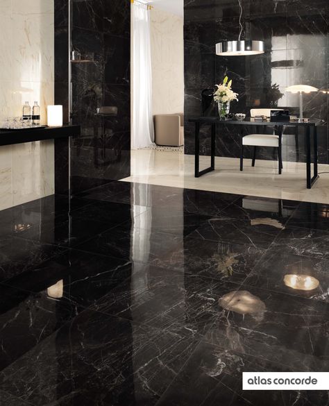 #MARVELPRO noir st laurent & cremo delicato | #AtlasConcorde | #Tiles | #Ceramic | #PorcelainTiles Floor Porcelain, Black Marble Floor, Black Tile Bathrooms, Laundry Room Tile, Marble Flooring Design, Black Floor Tiles, Atlas Concorde, Indoor Tile, Modern Flooring