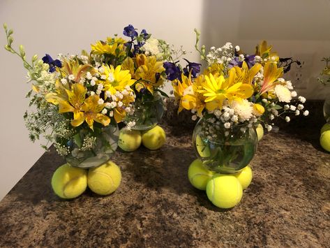 Center pieces made using 3 old tennis balls and dollar store rose bowls. Tennis Bathroom, Tennis Decorations, Tennis Ideas, Banquet Centerpieces, Tennis Party, Mom Party, Pickle Ball, Senior Night, Pickleball Paddles