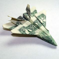 Airplane Money Origami  (preferably using $100 bills...) Origami Jet Fighter, Money Origami Tutorial, Fighter Airplane, Origami Dollar, Origami Plane, Folding Money, Dollar Origami, Origami Lamp, Dollar Bill Origami