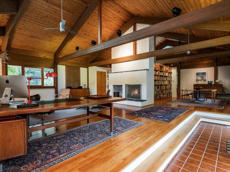 Post-and-beam home living space Cedar Ceiling, Cathedral Ceiling Living Room, Boston Living Room, Beam Ceiling, Post And Beam Home, Cathedral Ceilings, Furniture Placement, Post And Beam, East Hampton