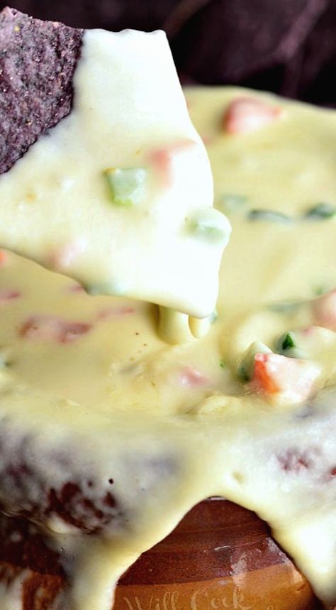 White Queso Dip ~ Spicy, cheesy dip made with two kinds of cheese, jalapenos, bell peppers and green onions White Queso Dip, White Queso, Will Cook For Smiles, Cheesy Dip, Queso Recipe, Queso Dip, Snack Dip, Football Food, Cheese Dip