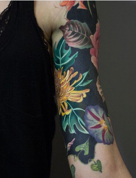 Flower Tattoo With Black Background, Black Out Floral Tattoo, Bold Flower Tattoo Black, Blacked Out Flower Sleeve Tattoo, Heavy Black Floral Tattoo, Black Out Floral Sleeve Tattoo, Text Tattoo, Floral Tattoo Sleeve, Flower Tattoo Sleeve