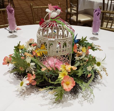 Butterfly and flower bird cage centerpieces Hummingbird Centerpiece, Cage Centerpiece, Bird Cage Centerpiece, Caged Bird, 25th Anniversary Party, Butterfly And Flower, Vintage Bird Cage, Flower Bird, Vintage Bird