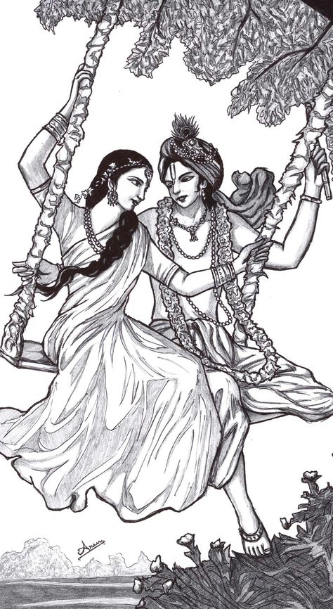 Krsna_Radha_swing by nairarun15 on DeviantArt Radha Krishna Drawing, Radha Krishna Sketch, Krishna Drawing, Sri Sri, Madhubani Art, Beauty Art Drawings, Radha Krishna Art, Krishna Painting, Indian Art Paintings