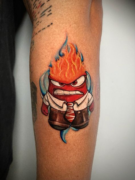 Inside Out Tattoo Pixar, Tattoo Anger, Inside Out Tattoo Disney, Anger Inside Out, Inside Out Tattoo, Movie Character Tattoos, Minion Tattoo, Foo Dog Tattoo Design, Tattoo Ink Colors