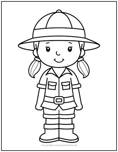 All kids love going to the zoo, so this smiling zookeeper girl will have them remembering back to their last trip to see the lions and tigers and bears, oh my! Best of all, it’s FREE for you to print for all the kids! Free Zoo Coloring Pages Printables, Explorer Coloring Page, Zoo Coloring Pages For Preschool, Zookeeper Craft, Zoo Coloring Pages Printables, Zoo Keeper Craft, Zoo Animal Coloring Pages Free Printable, Safari Coloring Pages Free Printable, Safari Crafts Preschool