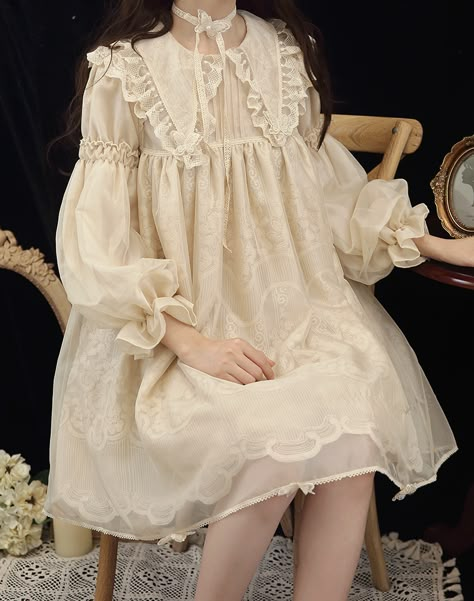 The Mysterious Island Single-Layer Collar Lolita OP Dress Set Vintage Collar Dress, Dress Cute Korean, White Victorian Dress With Lace Collar, Cottagecore Dress With Doll Collar And Lace Trim, Dollcore Outfits, Dress Layers, Lolita Outfit, Mysterious Island, The Mysterious Island