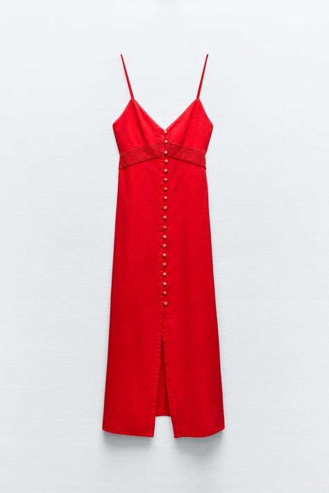 LINEN BLEND STRAPPY MIDI DRESS - Red | ZARA United Kingdom Zara Strappy, Strappy Midi Dress, Red Midi Dress, Spring Summer Dress, Linen Blazer, Skorts, Blazer Dress, Trouser Jeans, Linen Shirt