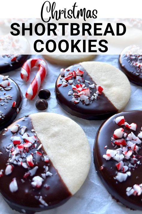 These easy chocolate dipped shortbread peppermint cookies have a buttery, crumbly, traditional shortbread texture that’s sealed with a rich chocolate exterior sprinkled with crushed candy cane that will give you all the holiday feels! Peppermint Chocolate Shortbread, Chocolate Peppermint Shortbread Cookies, Shortbread Wreath Cookies, Peppermint Bark Shortbread Cookies, Dark Chocolate Candy Cane Cookies, Peppermint Dipped Cookies, Chocolate Dipped Shortbread Christmas, Cookies With Candy Cane Pieces, Cookies With Candy Canes