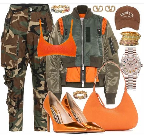 Camo And Orange Outfit, Orange And Camo Outfit, Camo Aesthetic, Army Green Outfit, Cute Jordans, Camo Outfits, Orange Outfit, Jordan Outfits, Bold Style