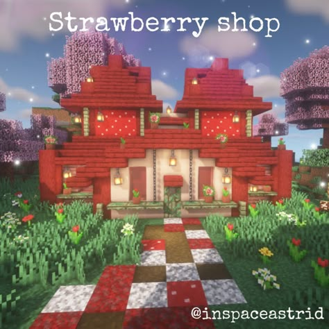 This is a minecraft build. It is a red and pink house with a strawber influence. It has two small towers coming out of a house shaped base . It is set in a cherry blossom environment Flower Stall Minecraft, Minecraft Cherry Blossom Coordinates, Cherry Blossom Windmill Minecraft, Minecraft House Ideas Cherry, Cherry Blossom Mc Builds, Cherry Blossom Home Minecraft, Cherry Mc House, Pink Cherry Blossom House Minecraft, Minecraft Strawberry