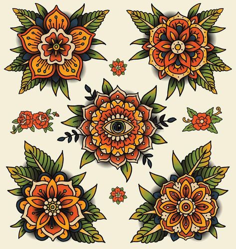 Traditional Tattoo Flower, Traditional Tattoo Vector, Traditional Mandala Tattoo, Traditional Mandala, Mandala Flower Tattoos, Traditional Tattoo Flowers, Traditional Style Tattoo, Flower Types, Tattoo Flowers