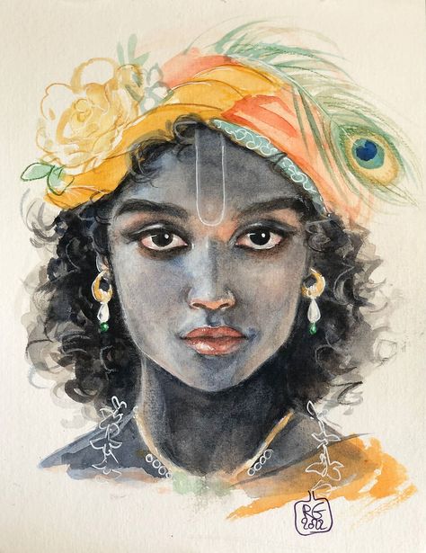 Radhe Gendron, Masculine Face, Watercolor Indian, Orange Highlights, Krishna Krishna, Krishna Drawing, Sri Krishna, Beautiful Art Paintings, Hinduism Art