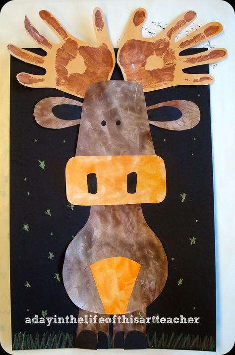 Art with Mrs. King: Hand Print Moose Kids Summer Projects, Moose Crafts, Elementary Art Lesson Plans, Alaska Art, Elementary School Art, Kindergarten Art Projects, Winter Art Projects, 3rd Grade Art, 7 Continents