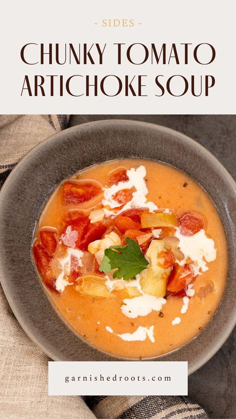 Easy and delicious tomato artichoke soup with tomato sauce and canned tomatoes | garnishedroots.com Tomato And Artichoke Soup, Tomato Artichoke Soup, Soup With Tomato Sauce, Tomato Soup With Canned Tomatoes, Beef Paprika, Artichoke Soup, Tomatoes Recipe, Canned Tomatoes, Creamy Tomato Soup