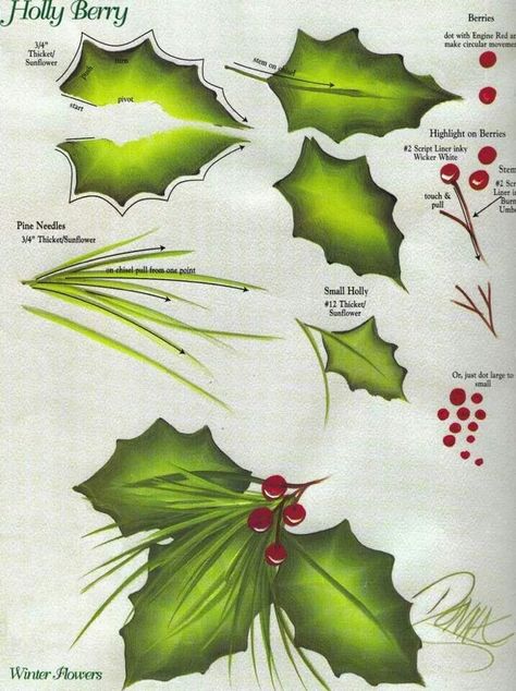 Holly leaves and berries Donna Dewberry Painting, Christmas Face Painting, Holly Leaves And Berries, Donna Dewberry, Arte Folk, Tole Painting Patterns, Country Paintings, Holly Leaves, Holly Berry