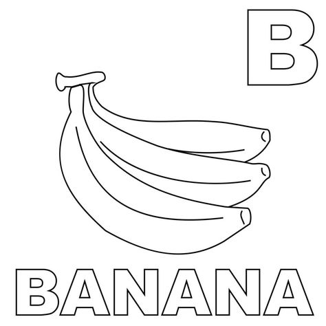 Página para colorear de plátano, con una gran b para presentar la letra b a los niños. adecuado para libros de colorear para niños y reconocimiento de letras a través de plátanos. ilustración de frutas de vectores editables Banana Crafts, Toddler Room, Bananas, Black And White