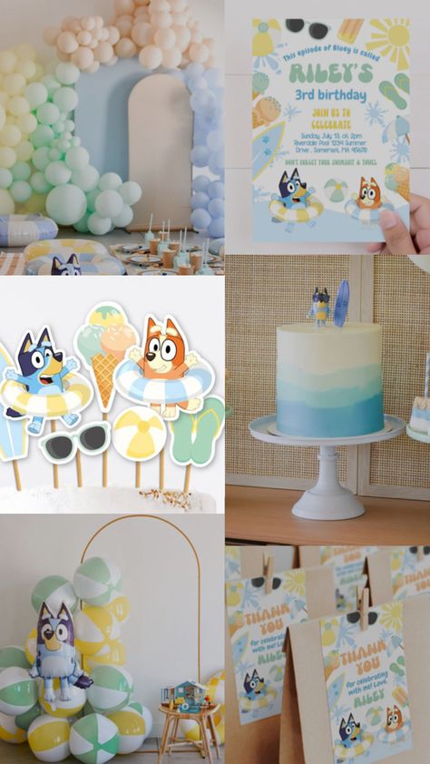 Bluey and bingo beach Party Ideas Bluey Themed Birthday Party, Bluey Themed Party, Beach Party Ideas, Birthday Party For Boys, Beach Birthday Party, Third Birthday Party, Party Stationery, Beach Birthday, Themed Birthday Party