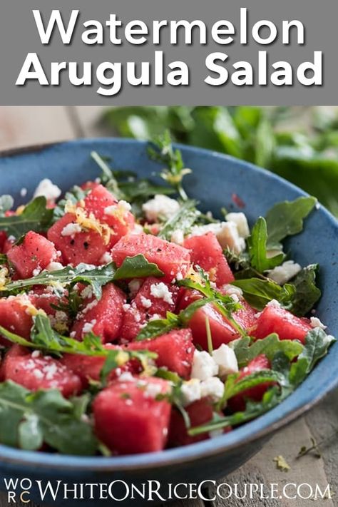 Watermelon Salad Recipe with Arugula, Feta, Mint or Fresh Herbs | @whiteonrice Arugula Watermelon Feta Salad, Watermelon Salads, Homestead Breakfast, Cookout Foods, Watermelon Feta Salad Recipes, Watermelon Arugula Salad, Sirtfood Diet, Watermelon Salad Recipes, Feta Salad Recipe