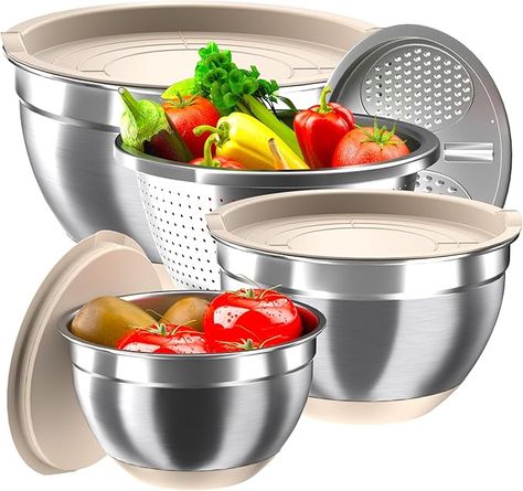 Stainless Steel Mixing Bowl Set with 3 Metal Nesting Bowls, Colander & Grater, Non-Slip Bottoms, Size 1.5, 2.5, 6 QT, Great for Mixing & Serving, Khaki Mixing Bowls With Lids, Bowls With Lids, Quick Salads, Mixing Bowl Set, Modern Bowl, Stainless Steel Mixing Bowls, How To Wash Vegetables, Cookware Set Stainless Steel, Kitchen Cleaner