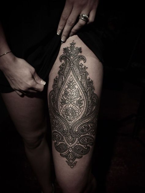 thigh tattoo Ornamental Thigh Tattoo, Paisley Tattoos, Mandala Tattoo Meaning, Thigh Tattoo Designs, Female Tattoos, Omerta Tattoo, Skeleton Hand Tattoo, Ornamental Tattoo, Indian Tattoo