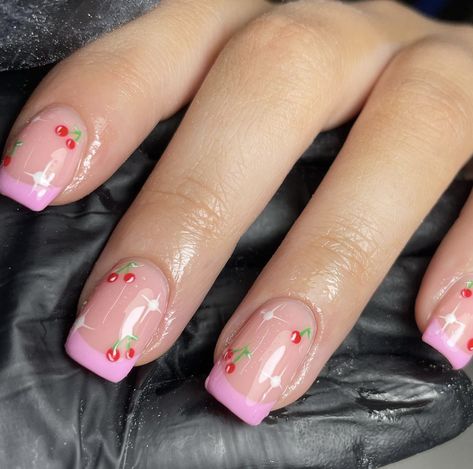 Pink French Tip With Cherries, Short Square Cherry Nails, Pink Nails With Cherries, Crete Nails, Cherry Square Nails, Cherry Summer Nails, Pink Cherry Nails, Cherry French Tip Nails, Ibiza Nails