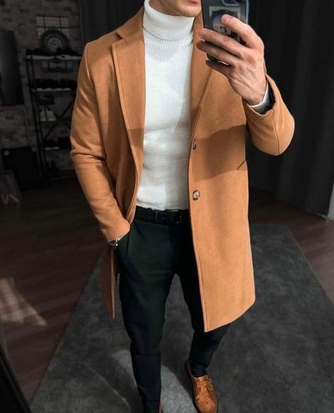 Formal Trench Coat Outfit Men, Mens Turtle Neck Outfit, Christmas Party Mens Outfits, Winter Formal Outfits Men High School, Men’s Overcoat Outfit, Turtle Neck With Blazer Men, Turtle Neck Blazer Outfit Men, Winter Formal Outfits Men, Formal Winter Outfits Men