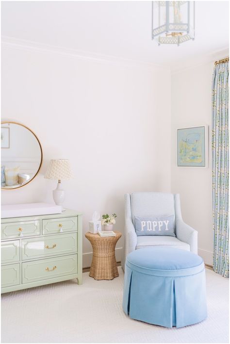 Small Classic Nursery, Tiny Room Nursery Ideas, Tuscan Inspired Nursery, Preppy Gender Neutral Nursery, Nursery Grand Millenial, Nursery With Blue Dresser, Gray Malin Nursery, Serena Lily Nursery, Green Trim Nursery