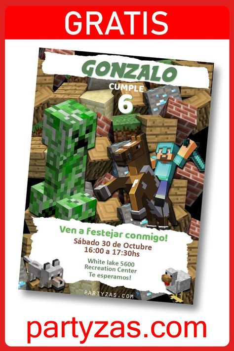 Invitación Minecraft Digital GRATIS. Crea tu invitación de Cumpleaños de Minecraft con esta Plantilla Editable Gratis. Visita Partyzas para ver más opciones. Minecraft Invitations, Minecraft Templates, Minecraft Birthday Invitations, Card Edit, Virtual Card, White Lake, Minecraft Birthday, Recreation Centers, Digital Invitation