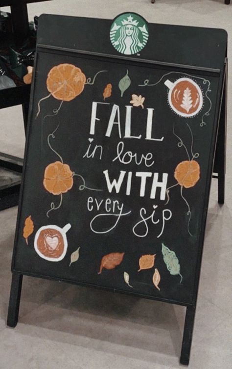 Fall Starbucks Signs, Fall Coffee Chalkboard Art, Coffee Shop Chalkboard Signs, Chalk Art Coffee, Starbucks Sign, Shop Board Design, Fall Ice Cream, Starbucks Chalkboard, Clean Juice