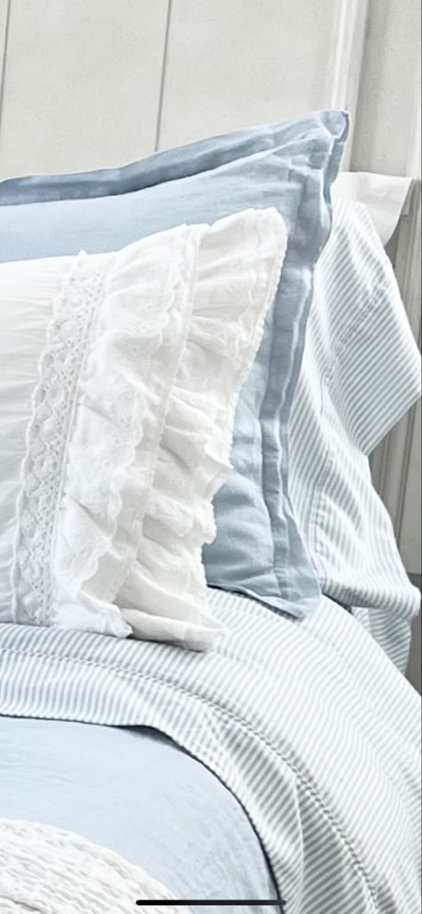 Light Blue Sheets White Comforter, Light Blue Farmhouse, Light Blue Bed Sheets, Blue Sheets White Comforter, Light Blue Black And White Bedroom, Light Blue Bedroom Paint, Light Blue Sheets, White And Blue Room Decor, Light Blue And White Aesthetic