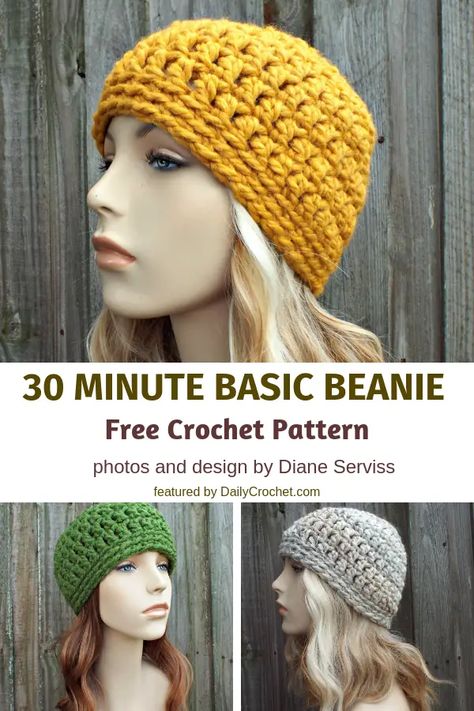 This 30 Minute Basic Bulky Beanie Is The Perfect Last Minute Gift Crochet Hats Patterns, Chunky Crochet Hat, Girls Crochet Hats, Hat Patterns Free, Baby Crochet Patterns Free, Easy Crochet Patterns Free, Crochet Hat Free, Crochet Beanie Pattern, Crochet Hats Free Pattern