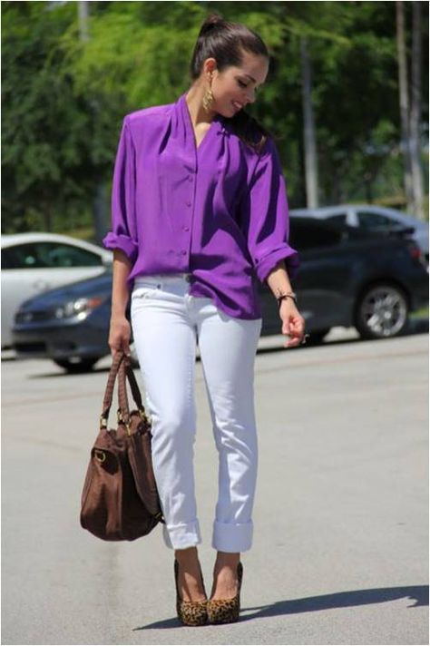 Violet Tops Park lane has the beautiful matching jewelry for this outfit. www.myparklane.com/lgoetz Purple Blouse Outfit, Purple Shirt Outfits, Blouse Outfit Ideas, Purple Top Outfit, Purple Outfits, Purple Blouse, Miami Fashion, Purple Shirt, Blouse Outfit