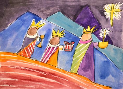 The Three Kings Watercolor Art Lesson - Christian Art Lessons Nativity Art Projects For Kids, Preschool Christmas Art Projects, Advent Art Projects For Kids, Nativity Art For Kids, Advent Art Projects, Catholic Christmas Decorations, Kindy Art, Religious Christmas Art, Advent Art