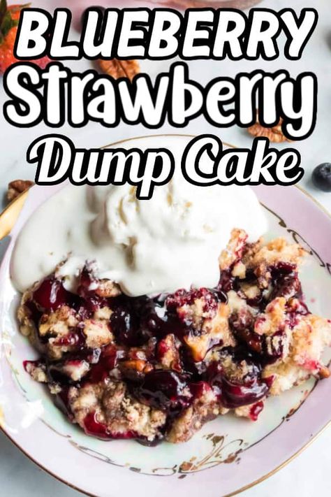 This Blueberry Strawberry Dump Cake recipe is one of the best things you will ever taste. Sweet blueberry and strawberry pie filling topped with a tender French vanilla cake, cinnamon sugar-coated sprinkle on top along with crunchy pecans leave you begging for more. This dump cake is classy and sophisticated but is also perfect for backyard barbecues. It's a well-rounded dessert great for all occasions. Strawberry Blueberry Pie, Pie Filling Desserts, Berry Pie Filling, Strawberry Dump Cake, Blueberry Dump Cake Recipes, Blueberry And Strawberry, Blueberry Cake Mix, Strawberry Vanilla Cake, Cake Cinnamon