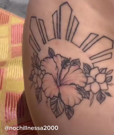 Hibiscus Filipino Sun Tattoo, Filipino Pride Tattoo, Half Filipino Sun Tattoo, Filipino Sun And Flower Tattoo, Filipina Tattoo Design, Tattoo Ideas Filipino, Philippine Flag Tattoo, Filipino Sun Tattoo Women, Philippines Sun Tattoo