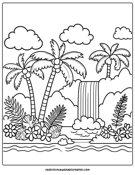 a Palm Tree in a Tropical Paradise! Tropical Colouring Pages, Tropical Coloring Pages, Summer Coloring Pages For Kids, Palm Tree Drawing, Best Coloring Pages, Beach Coloring Pages, Tree Coloring, Doddle Art, Free Kids Coloring Pages