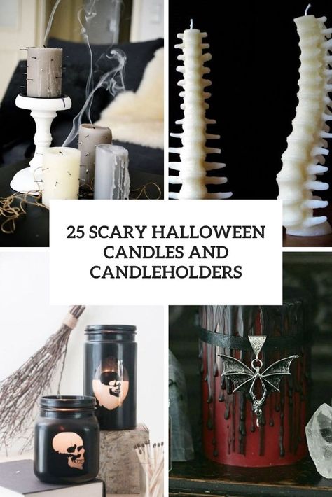 scary halloween candles and candleholders cover Halloween Candle Holders, Scary Candles, Neutral Candles, Stylish Halloween Decor, Candle Wraps, Witchy Candles, Halloween Table Settings, Scary Decorations, Halloween Candle