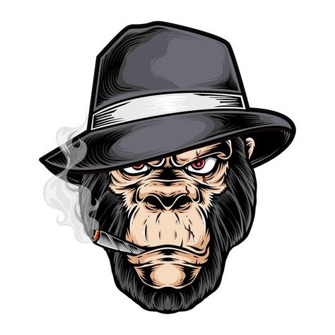 Gorilla gangster head logo | Premium Vector #Freepik #vector #character #cartoon #animals #smoke Biker Logo Design, Bad Monkey, Monkey Mascot, Giant Character, Fly Drawing, Biker Logo, Monkey Illustration, Gorilla Tattoo, Monkey Logo