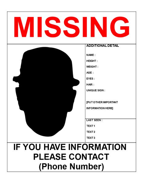 Missing Person Template Letter Size - Download this Missing Person poster template if you are looking for a missing person and need help from other people in your search to find him/her. Good luck! Missing Person Poster Template, Missing Person Poster, Spy Activities, Person Template, Make A Timeline, Halloween Luminaries, Brochure Examples, Make Business Cards, Create A Timeline