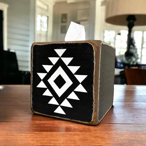 From modern farmhouse to canyon lodge, this tribal tissue box fits into many different home styles! Have one made for your home! #tissuebox #farmhousestyle #lodgedecor #cabindecor #southwesterndecor #southweststyle #etsygiftmode #etsyhandmade #etsyfinds #mainemade #rustichomedecor Aztec Bathroom, Southwestern Dinnerware, Different Home Styles, Farmhouse Vibes, Bedroom Door Signs, Western Crafts, Southwestern Decor, Barn Quilt Designs, Ranch Decor