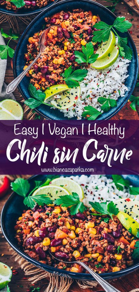 This easy vegan chili sin carne recipe is a delicious meal prep dish that you can serve with rice or other side dishes you love. Use your favorite meat alternative to make this nutrient-rich and healthy plant-based chili to serve for a quick lunch or dinner - It is spicy, meat-less, flavorful, and super simple! #chili #veganchili #chilisincarne #mexican #veganrecipe #vegetarian #recipes #food #vegan #rice #spicy #glutenfree #diet #vegandinner #healthyfood | biancazapatka.com Vegan Dishes Easy, Easy Vegan Chili, Best Vegan Chili, Chili Vegan, Carne Recipe, Vegan Tortilla, Coconut Lentil Curry, Colourful Food, Healthy Vegan Dinner Recipes