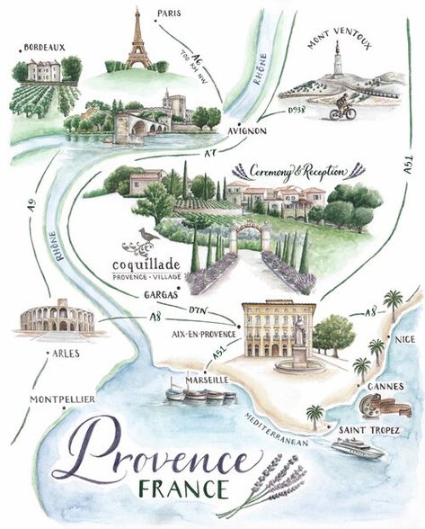 Wedding Map Illustration, Map Projects, Paris Map, Wedding Branding, Wedding Map, Bride Inspiration, Watercolor Map, France Map, Aix En Provence